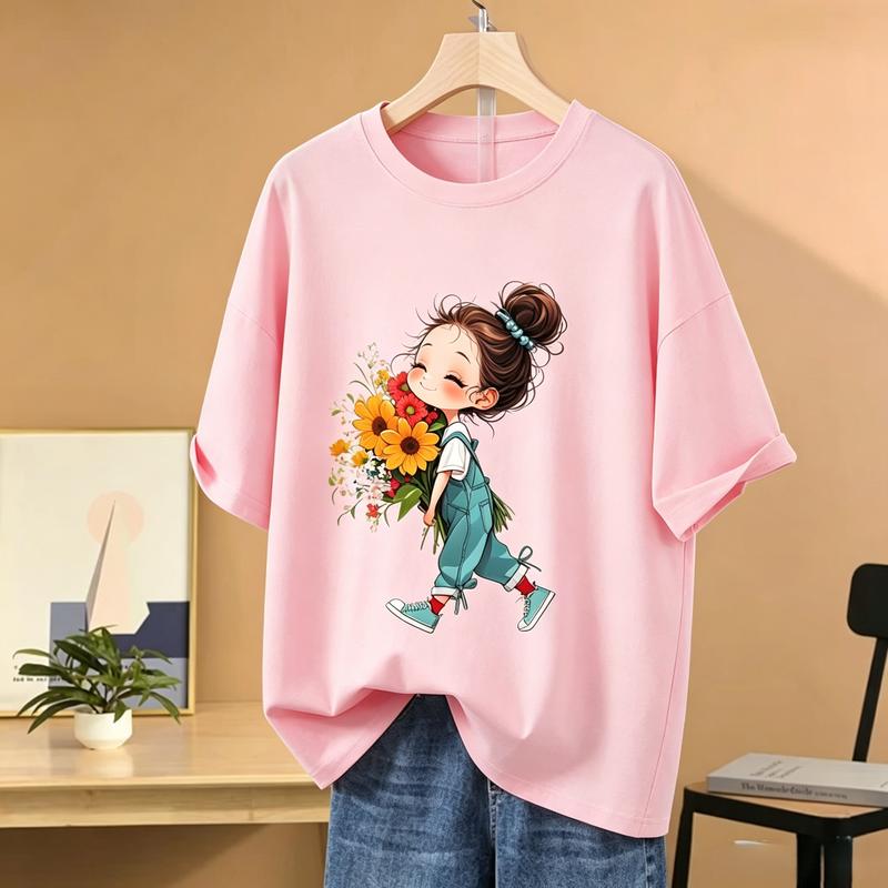 Women's Classic Cotton Casual Crew Neck Short Sleeve Loose Fit Cropped Graphic Tee - Blush Pink, Cute Sunflower Print Bun Girl Art, Heat Transfer, Valentine's Day Coquette Cottagecore Soft Top, Color-Sorted Wash