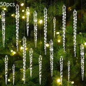 50pcs Christmas Tree Crystal Decorations Clear Acrylic Xmas Tree Icicle Hanging Ornaments Home Ornaments for Christmas New Year Holiday Wedding Winter Party Decor