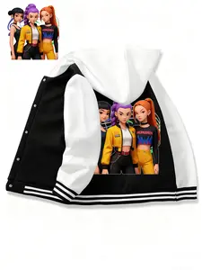 Teen Boys Girls Graphic Baseball Jacket, Huntrix Hooded Sweatshirt, Christmas Halloween Clothing, Outdoor Sports Wear, Casual Fall Jacket