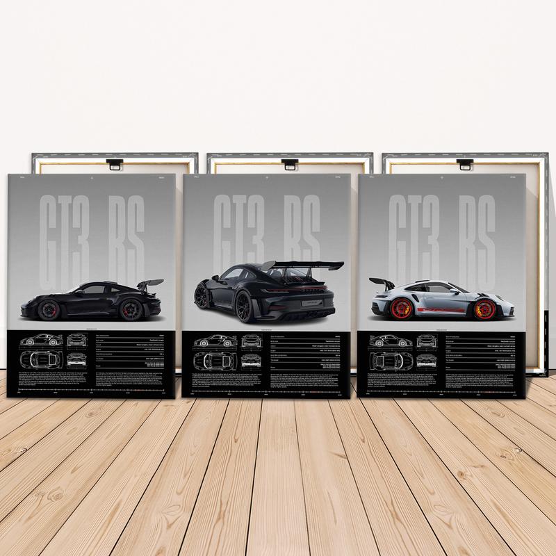 3 Counts Wooden Framed Canvas, Porsche GT3 RS Series Poster, Exquisite Fashion Poster, Modern Art, Abstract Design Wall Art for Living Room, Waterproof Artwork, Ideal Gift for Family