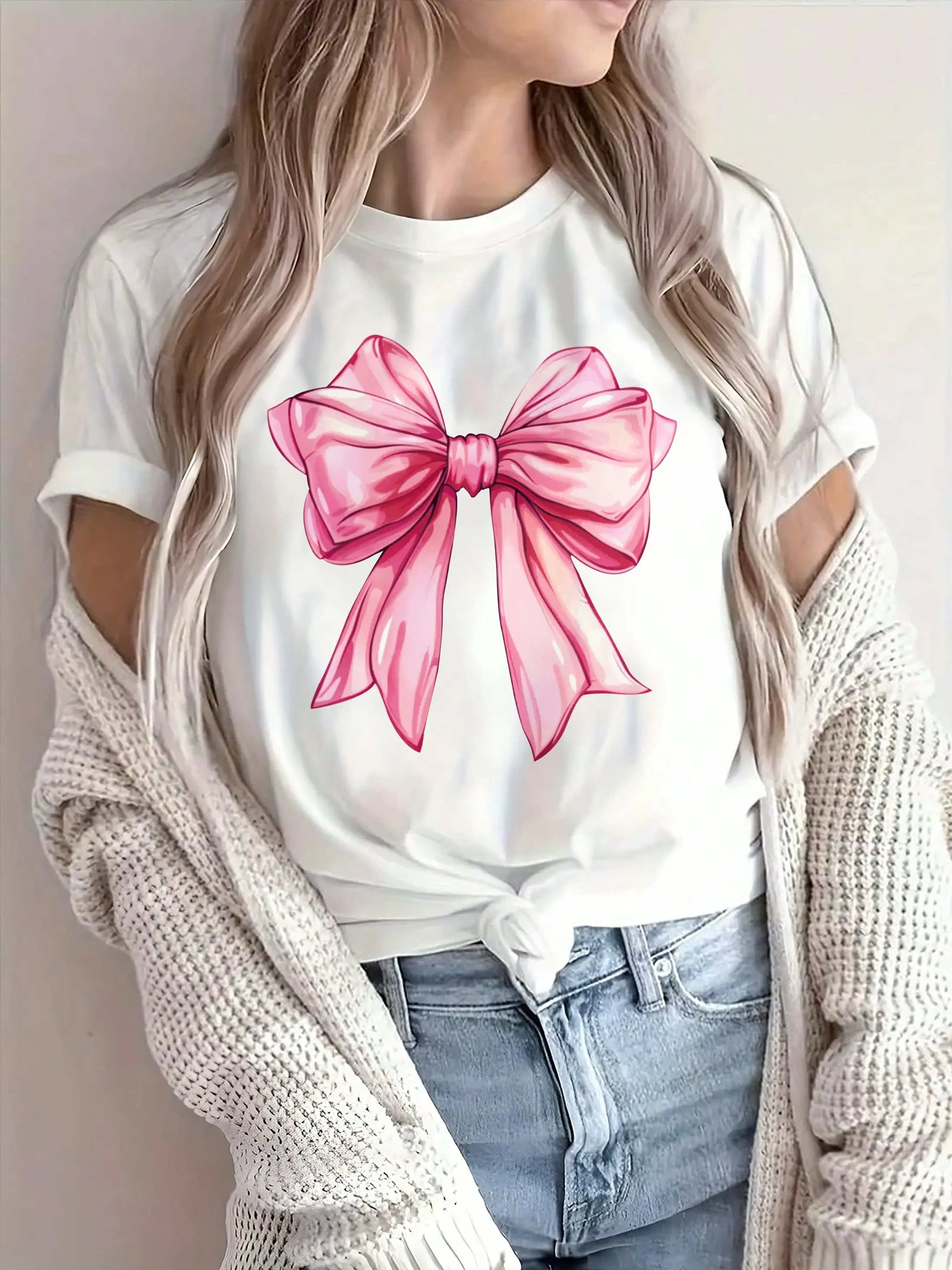 Women's Casual Short Sleeve T-Shirt with Elegant Pink Bow Graphic Print - Breathable Round Neck Top, Semi-Sheer H-Line Silhouette, Machine Washable & Medium Stretch for All-Season Wear, Ladies T Shirts, Semitransparent Fabric Womenswear Summer