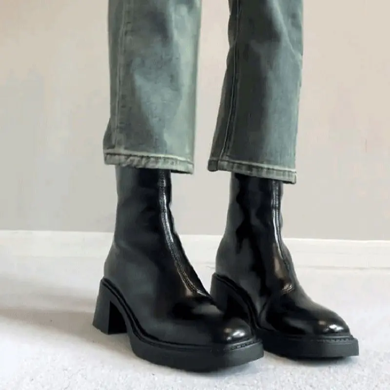 Women's Elegant Chunky Heel Ankle Boots - Retro Round Toe, Glossy PU Shoe, Back Zipper, Non-Slip Rubber Sole, Footwear, Party, Fabric, Cuban, Block Heel, Plain, Pu Gloss, Synthetic, Casual, Slip Resistant