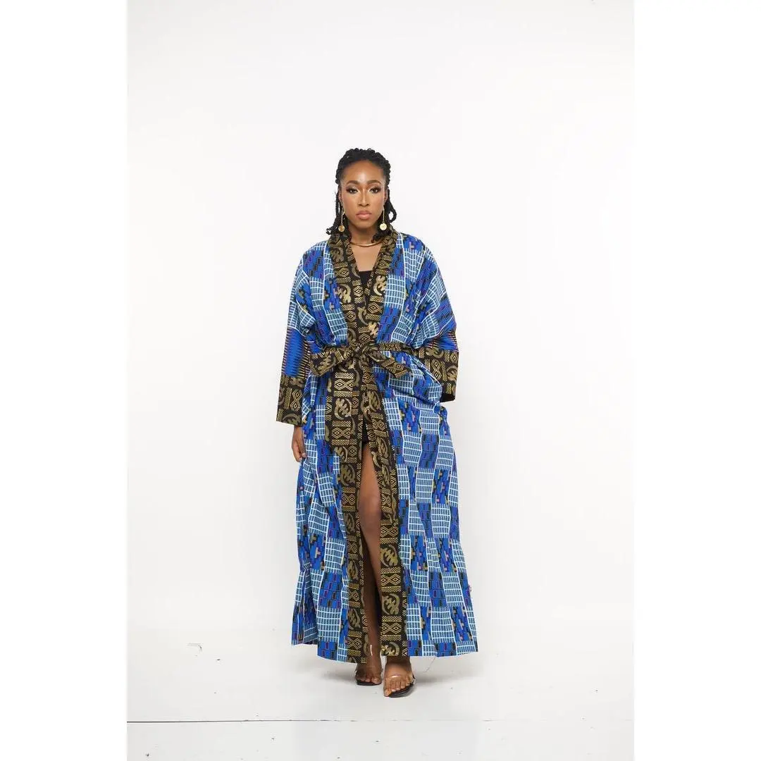 Nadii Ankara Kente-Inspired Blue & Gold Maxi Kimono Robe - African Heritage Cotton Blend Outerwear for Women with Waist Tie