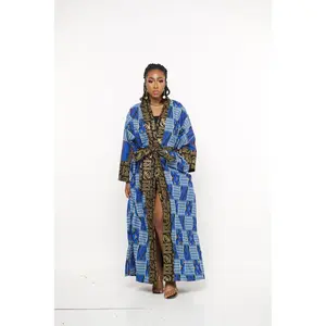 Nadii Ankara Kente-Inspired Blue & Gold Maxi Kimono Robe - African Heritage Cotton Blend Outerwear for Women with Waist Tie