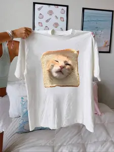 Women's Cat Print Round Neck Tee Top, Fashion Casual Crew Neck T-Shirt for Daily Holiday Vacation Outdoor Wear, Ladies Clothes for Summer, Womenswear, Piece