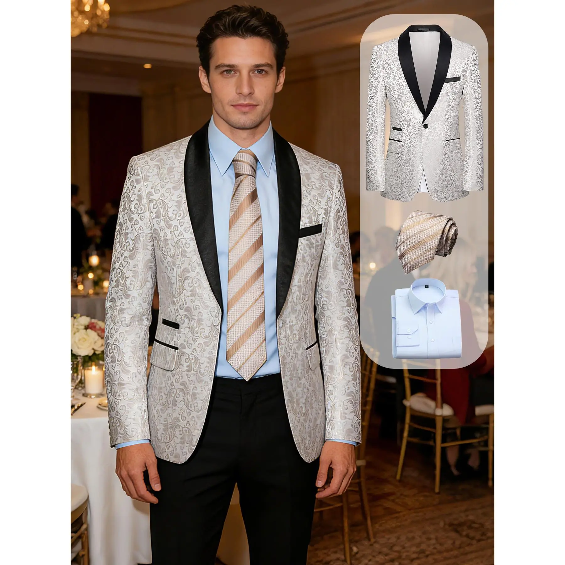 Men's 3-Piece Tuxedo Suit, Slim Fit Floral Jacquard Fabric Blazer with Satin Shawl Lapel, Formal Wear for Weddings and Proms, Classic, Soft, Pockets, Polyester, Fitted, Dress, Party, Black Gold, Shirt, V-Neck, Button