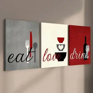 3-count wooden frame canvas, Western wall art, eat love drink restaurant three-panel decorative poster, warm atmosphere kitchen and dining room decoration, modern home decoration, suitable for bedroom, living room decoration