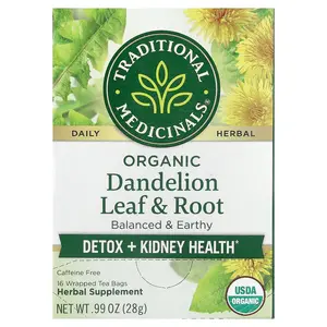 Traditional Medicinals Organic Dandelion Leaf & Root Tea, Caffeine Free, 16 Wrapped Tea Bags, 0.99 oz (28 g)