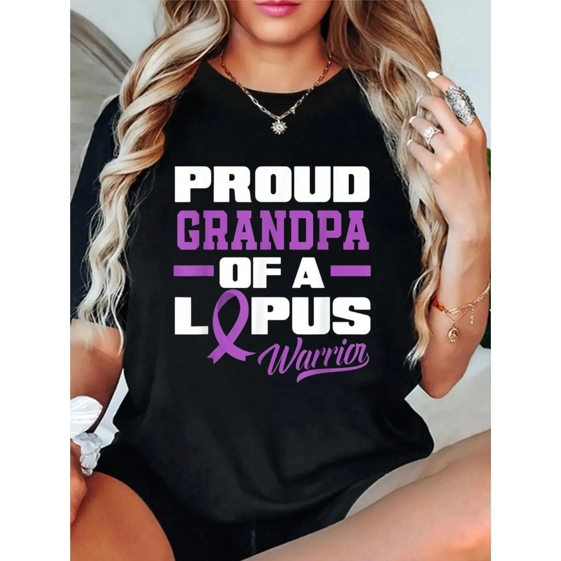 100% Cotton Mens Proud Grandpa Of A Lupus Warrior Grandchild Lupus Awareness T-Shirt Men's Women's Soft Breathable Tee Classic Fashion Summer Tops Printing Short Sleeve T-Shirt Summer, Cotton, Casual, Short Sleeve, Graphic Tee, Soft, Breathable, Loose Fit