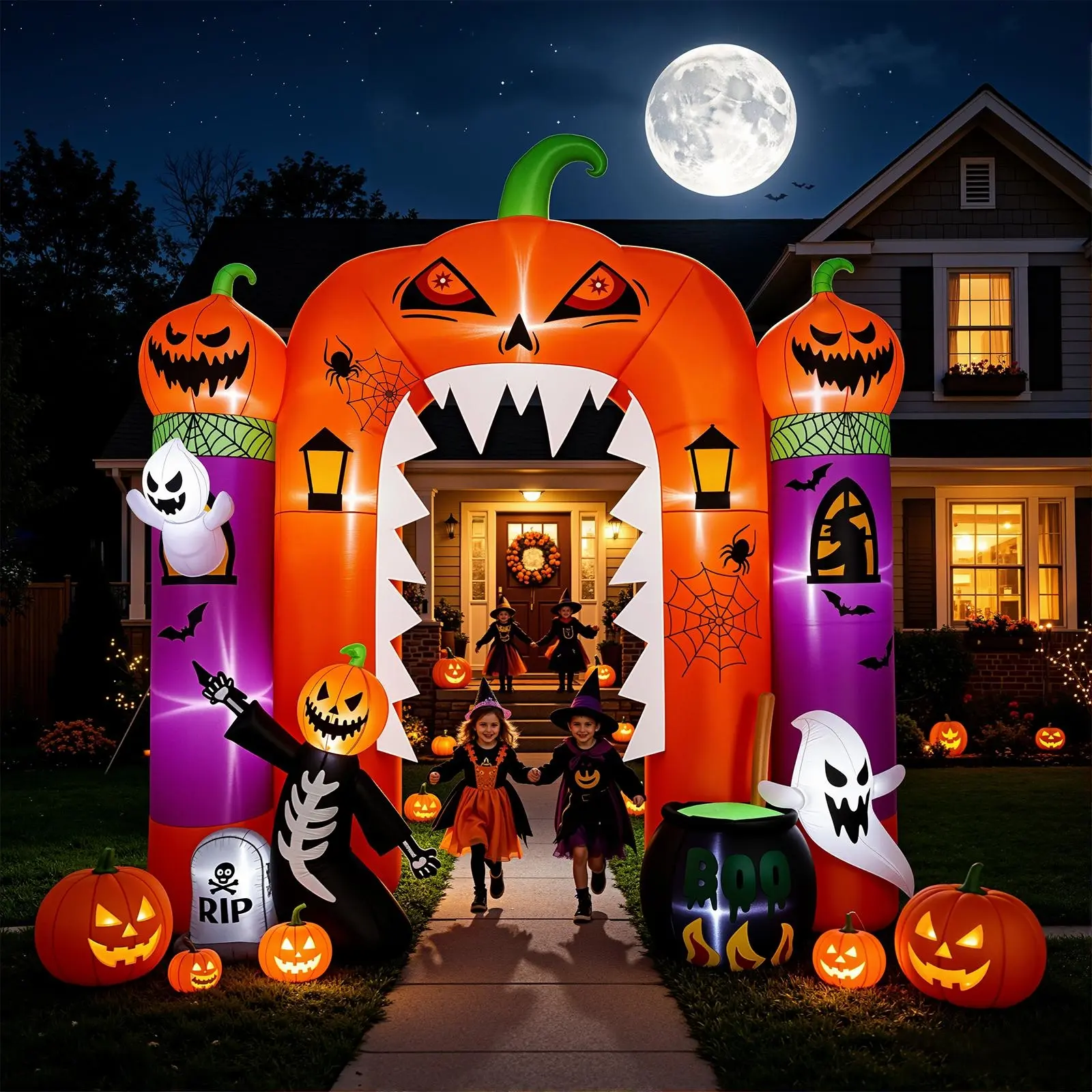 2026 Giant 10FT Large-Size Plastic Halloween Inflatable Pumpkin Archway, LED Mood Light & Ghost, Castle Blow-Up Party Decoration Supplies, Outdoor Yard Lawn Decor (Made of Plastic)