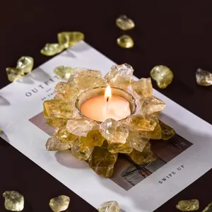 [Magic Crystal] Natural Crystal Raw Stone Candle Holder with Candle - Tealight, Diffuser Stone, Jewelry, Gemstone, Yellow Quartz, Rose Quartz, Fluorite, Amethyst, Gift, Ornaments, Decor - Festival, Christmas, Halloween, New Year, Valentine's Day