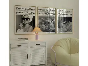 Set of 3 Trendy Newspaper Print – Girly Wall Art, Retro Dorm Room Decor, Black & White Newspaper Prints, Retro Newspaper 