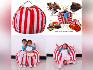 Kids Stuffed Animal Plush Toy Storage Bean Bag Soft Pouch Stripe Fabric Chair Re