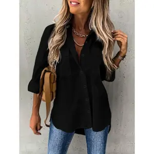 Women's Plain Button Front Pocket Shirt, Casual Long Sleeve Collared Top for Daily Wear, Ladies Clothes for All Seasons Womenswear Blouse