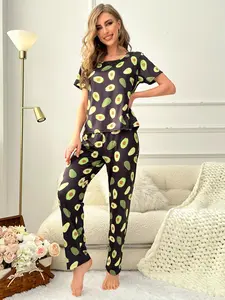 Avocado Print Pajama Set Women Short Sleeve Top & Long Pants Soft Casual Sleepwear Home Lounge Wear