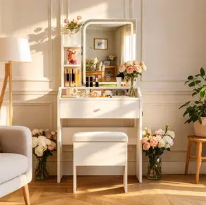White bedroom vanity: LED makeup table with stool and drawer storage