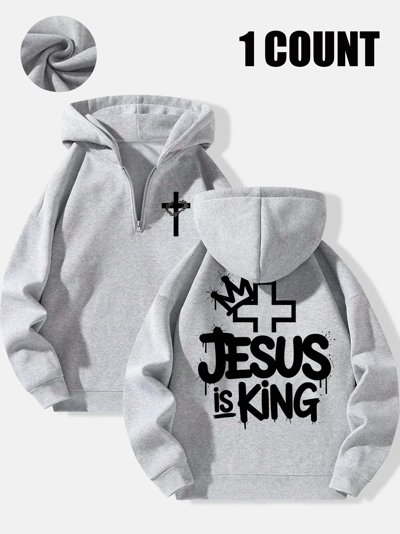 Jesus Is King Graphic Print Men's Knit Half-zip Hoodie, Long Sleeve, Casual Loose Fit Faith Based Streetwear Hooded Sweatshirt, Fall & Winter Wear, Daily Wear, Fashion Hoodies, Menswear