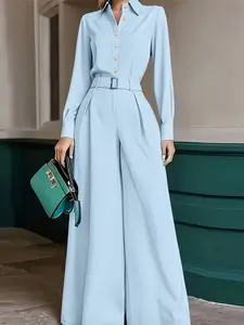 ZANZEA Women's Casual Elegant Chic Set, Shirt Collar Long Sleeve Blouse, Single Button Back Waist Elastic, Pleated Wide Leg Pants, Ideal for Daily Lady, Womenswear Clothes, Plain Pants Set