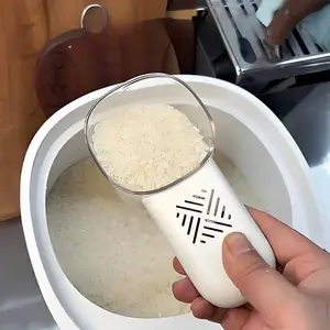Rice spoon with measuring cup and spoon - Kitchen tool, Measuring cups and spoons, ergonomic handle, pest-proof design, precisely measures rice, flour, pasta - Durable plastic food-grade spoon, pet scale spoon/with edge and spatula attachment