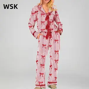 Mommy and Me Matching Pajamas Bow/Heart Print Tie Front Long Sleeve Tops and Long Pants Set Family Matching Sleepwear??gift??