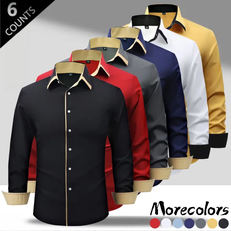 Men’s Plus Size Long Sleeve Shirt with Contrasting Collar – Stretch Fabric, Skin-Friendly Comfortable Fit, Contrasting Stripe Detail, Available in 7 Colors, Button-Front Closure for Daily Commuting and Work