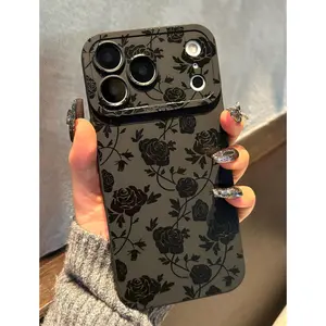 for iPhone 17 Pro Max Case 6.9 Inch 2025, Aesthetic Rose Floral Goth Smartphone Phone Case for Women Girls Men, Silicone Protective Phone Cover for iPhone 17 Pro Max, Black Flower