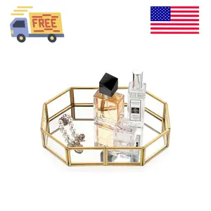 Mirror Glass Vanity Tray - Gold Ornate Makeup Tray Vintage Octagonal Perfume