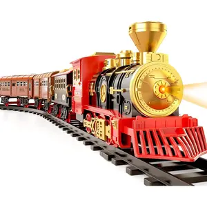Train Set for Kids Toddlers 3-5, Train with Steam Engine, Cargo Car and Long Track, Rechargeable Battery Play Red Train Toys with Smoke, Light & Sounds, Gift for Boys & Girls 4-7 Years