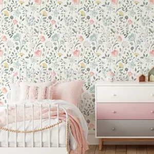 Soft Watercolor Floral Peel and Stick Wallpaper, Self Adhesive Wallpaper, Removable Wallpaper, Aesthetic Boho Wall Art, Mould-Proof, Pastel Aesthetic, Boho Decor, Floral Decor, Aesthetic Room
