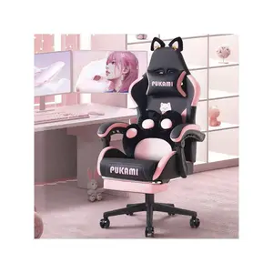 Pink Gaming Chair| Cat Ears, Cat Paw Cushion Pillow, Footrest, Ergonomic, Kawaii, Reclining| Girl,Halloween Decor