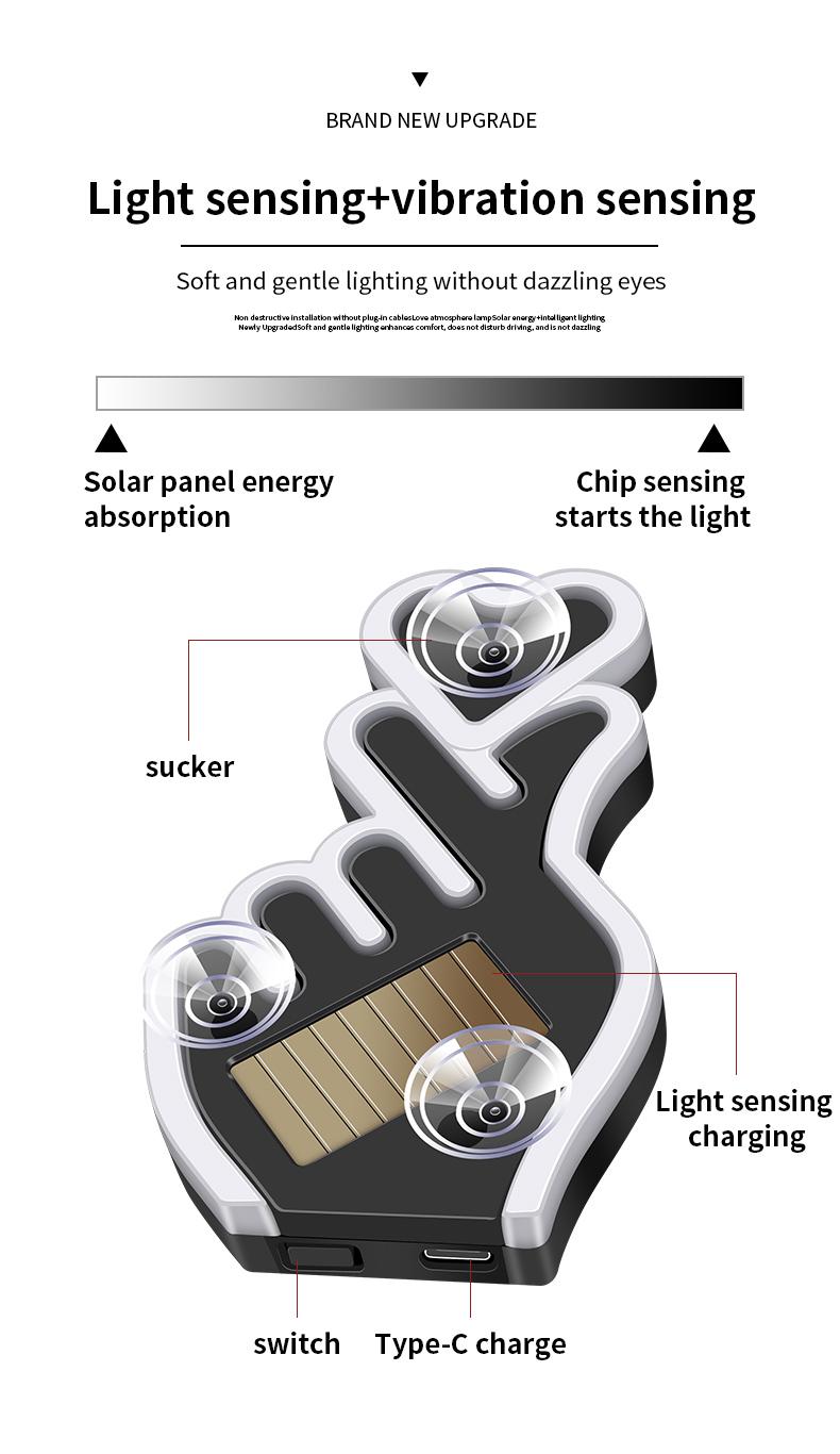 Solar Car Heart Gesture Light, LED Wireless Decorative Warning Light, Interior Ambient Light for Triangle & Rear Window