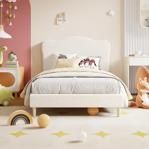 Garvee Upholstered Full-Size Bed Frame for Kids with Scallop Headboard, Cute Velvet Full Bed for Girls, Boys, Sturdy Platform Bed, No Box Spring Required