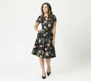 Unique Vintage Black & Pink Floral Dahlia SwingDress