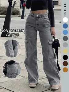 NVFelix Women's Black Cargo Jeans, Casual Utility Loose Fit Straight Leg Denim Pants, High Waisted Casual Trousers Womenswear with Multiple Pockets for Everyday Streetwear Basic