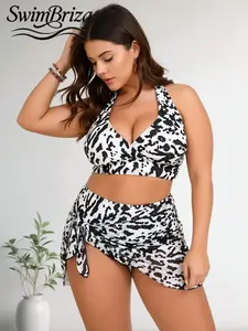 Briza｜Halter Bikini In Black White Cow Print With Sarong And High Waisted Bikini Sets For Plus Size Swimsuits And Plus Size Swimwear, Two-Piece Swimsuit With Swimsuit Cover Up For Women, Bathing Suit Women Set Vacation Swimwear For Women