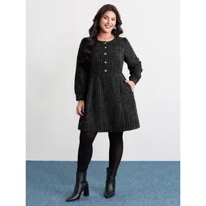 BLOOMCHIC Women's Plus Size Polyester Long Sleeve Cuffed Tweed Knee Dress - Metal Buttons, Stretch Waist, M-6X, 2026 Summer Casual Wear