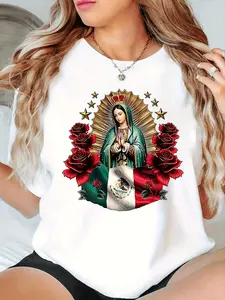 Women's Virgin Mary Religious T shirt with Catholic Iconic Print Short Sleeve Round Neck Casual Top for Church and Faith Events