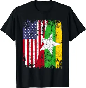 Women's Burmese Roots T-Shirt, Vintage Graphic Print with American Myanmar Flag, 100% Cotton Casual Streetwear Top