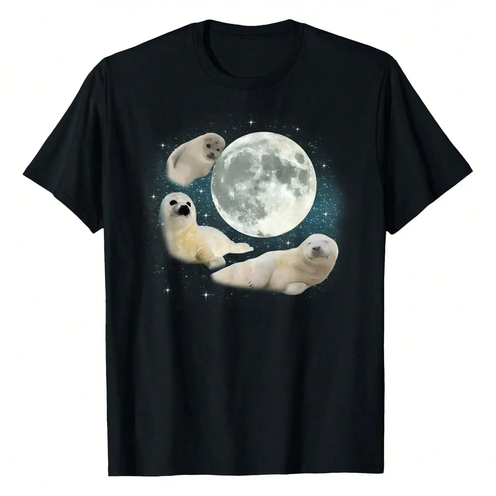 Soft Cotton Blend T-Shirt with Cute Baby Seals Moon Meme Graphic, Casual Unisex Shortsleeve Top, Stylish and Smooth for Everyday Wear, Tops, Simple, Cute Shirts, Polyester, Seal Graphic, Tshirt, Round Neck, Baby Seals Print