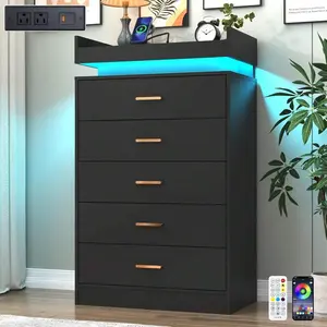 5-Drawer Modern LED Dresser with USB-Powered LED Lights, Charging Station, and Power Output - Indoor Storage Cabinet Chest for Bedroom, Entryway
