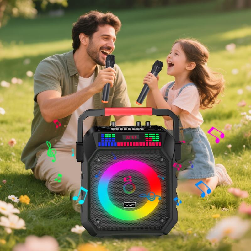 Socodox Karaoke Machine for Adults & Kids Portable Bluetooth 5.2 Speaker with 2 Wireless Microphones RGB Lights AUX USB TF AUX Home PA System for Family Party Outdoor Fun