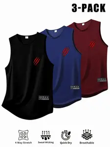 3-Pack Men's Casual Sport Tank Tops, Sports Clothing, Geometric Print, Breathable Quick-Dry, Loose Fit, Ideal for Gym, Running, Cycling, All Seasons, Sports Vests