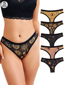 5-Pack Women's Fashion Comfortable Triangle Panties Set, Multicolor Daily Thongs, Contrast Lace Design, Fitted Drop Waist, All Seasons