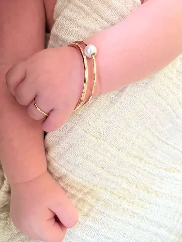 14K Gold Filled Baby Bangle with Genuine White Pearl Hypoallergenic Heirloom Jewelry for Newborn Christening Gift
