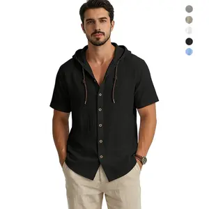 #SummerVibes Men's Casual Hooded Shirt Short Comes in 6 different colors S-XXXL Sleeve Button Down Cotton Linen Shirts Summer Beach Vacation Tops Breathable Drawstring Solid Color Streetwear Men Clothing
