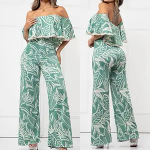 Colombian Luxury Jumpsuit with Off-Shoulder Ruffle Top and Wide Leg Pants in Green Leaf Print Design