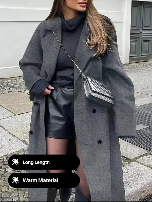 Women's Long Woolen Coat Jackets, Casual Loose-Fitting Overcoat with Double Button Front, Fall & Winter Fashion Outerwear for Women