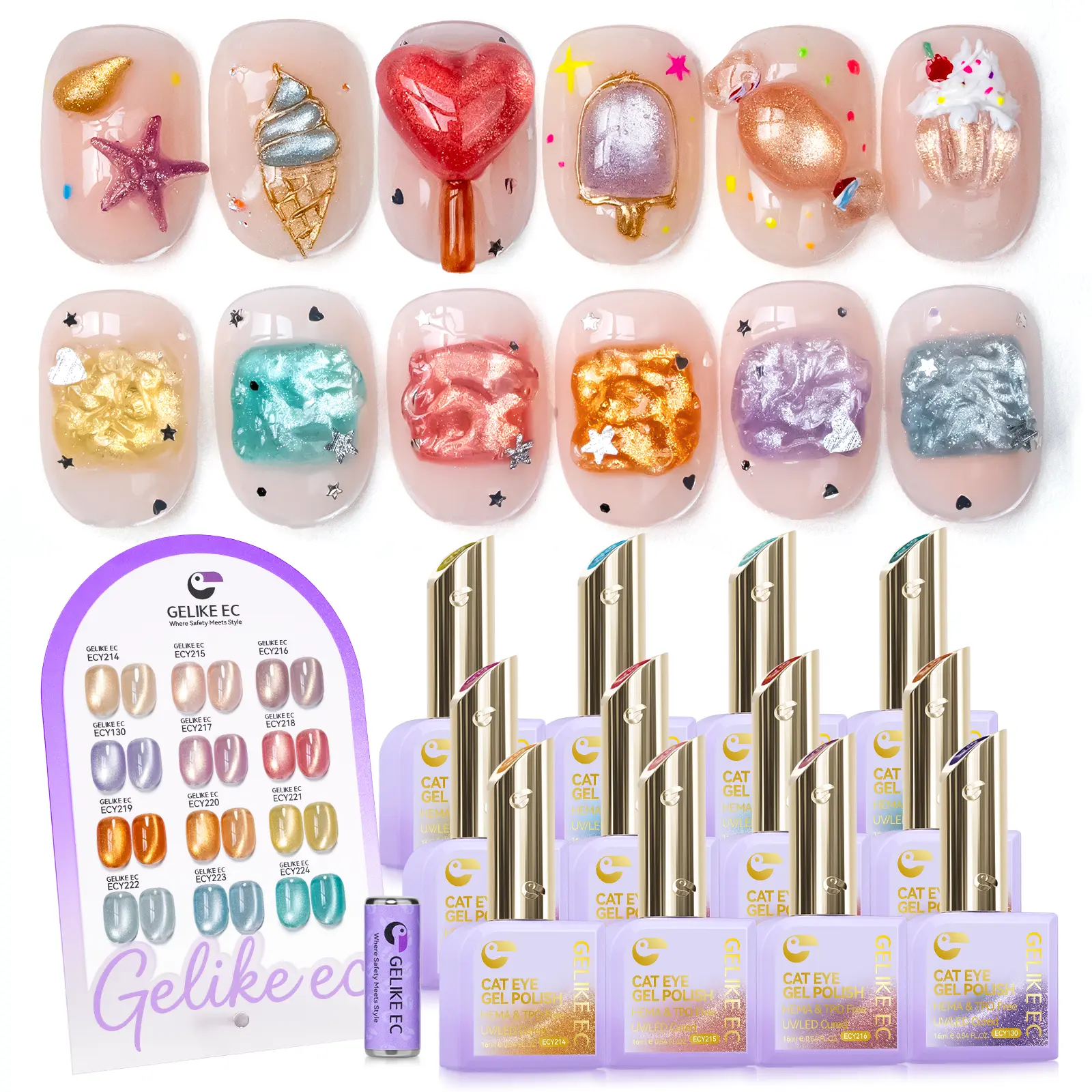 [Exclusive to TTS]Gelike ec Cat Eye Gel Polish Set: 1 Sec 12D Magnetic Shine,Vivid beach and Date-Night Manicures with Strong Magnet Pull, High-Density Magnetic Particles, and Photo-Ready Color