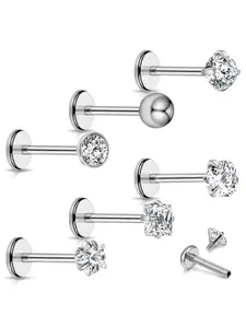 6 pcs Flat Back Nose Stud 6/8/10/12mm Labret Piercing Jewellery Stainless Steel Labret Studs with Zirconia for Tragus Stud