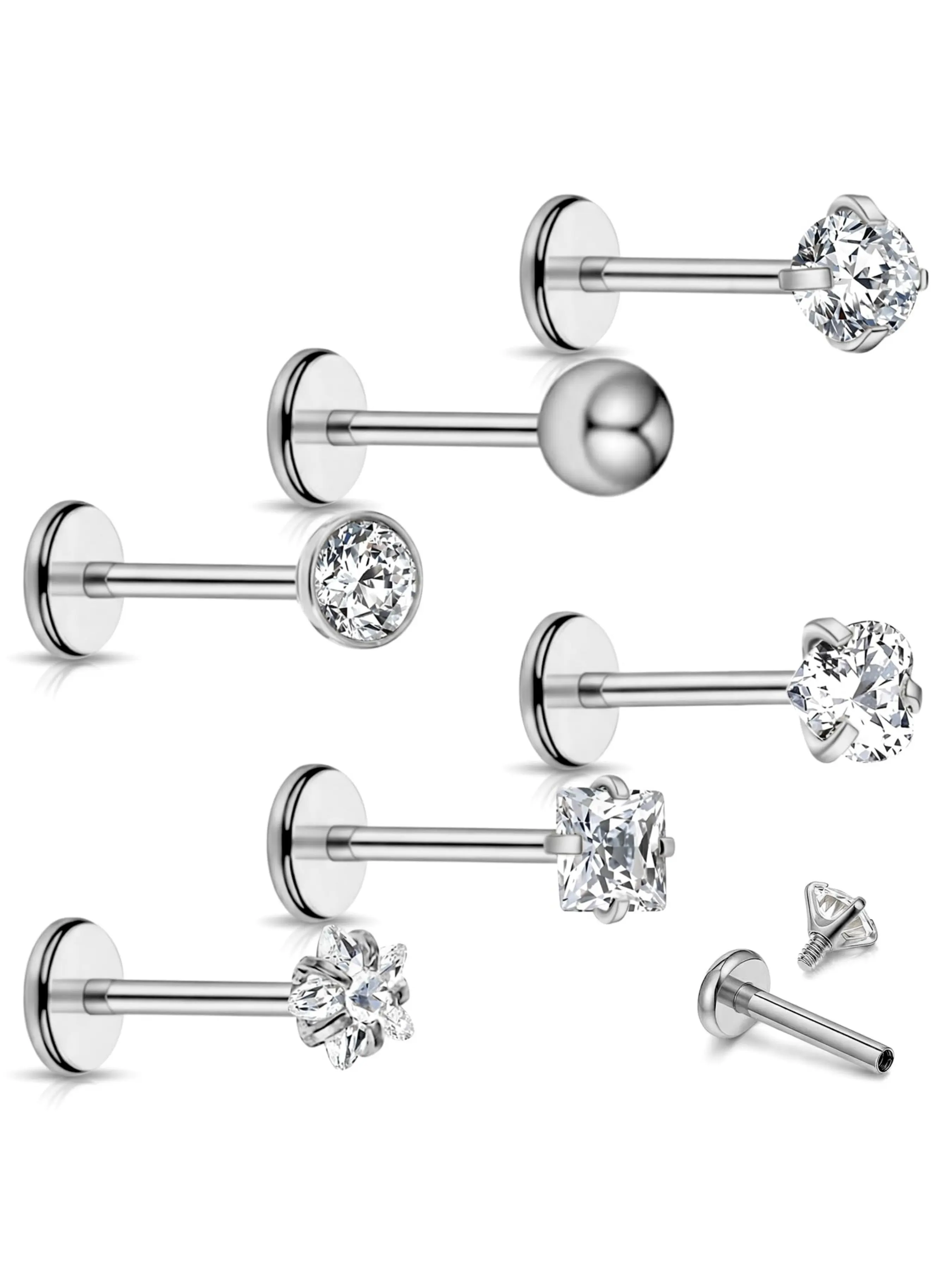 6 pcs Flat Back Nose Stud 6/8/10/12mm Labret Piercing Jewellery Stainless Steel Labret Studs with Zirconia for Tragus Stud Flat Piercing Jewelry